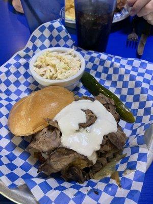 The prime rib burger with cole slaw