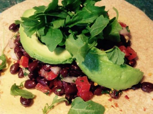 Black bean wrap, right before it's wrapped up! Delicious!