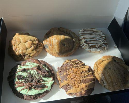 Chocolate chip, cookies and caramel, cookie butter cheesecake, mint chocolate, peanut butter and cookies and caramel.