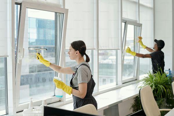 Man and Woman washing and drying windows inside of office building.