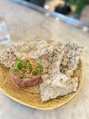 Beef Tartare, Red Curry, Smoked Peanuts, Sesame Rice Chip