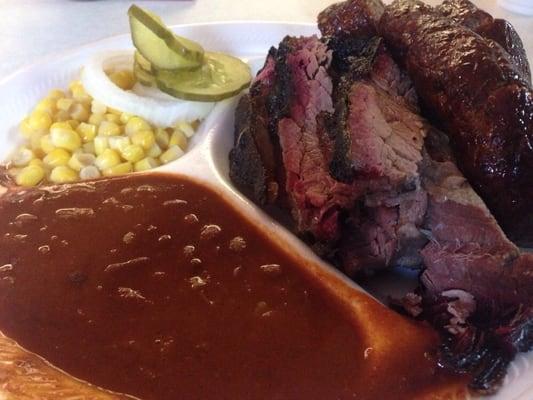 Two meat plate - brisket, sausage (homemade), pinto beans, corn.