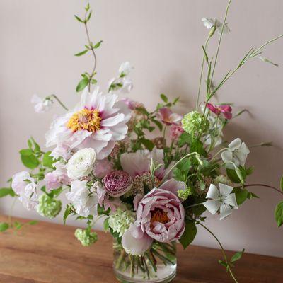 A Standard ($150) arrangement in blush spring pinks and greens.