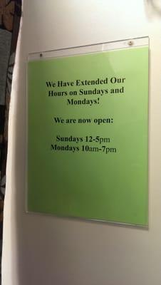 Now open longer on Sundays and Mondays!