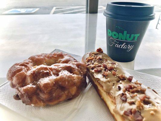 Apple fritter, maple bacon bar, 10oz drip coffee