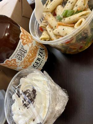 Pasta salad, chocolate mousse, and kombucha!