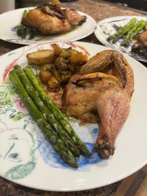 Roasted hen with butter nut squash, potatoes and asparagus