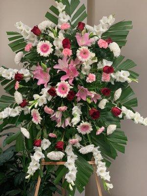 Standing spray with pink and white flowers