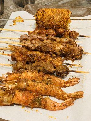 Lamb/beef skewer, corn, shrimp