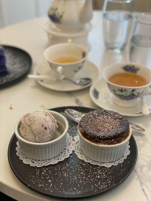 Purple yam soufflé with red bean ice cream