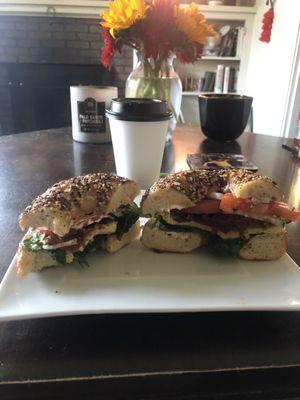 Everything bagel with spinach, red onion, tomato, cream cheese - and I added egg and sun dried tomatoes. And a small soy lavender latte.