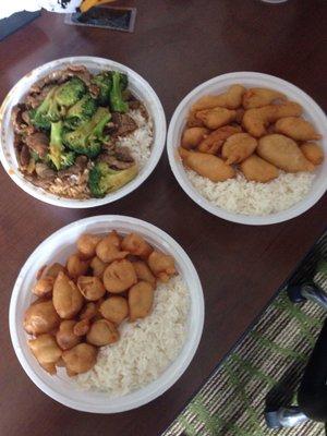 Sweet & sour pork & chicken & beef & broccoli. These are the small order. Very good.