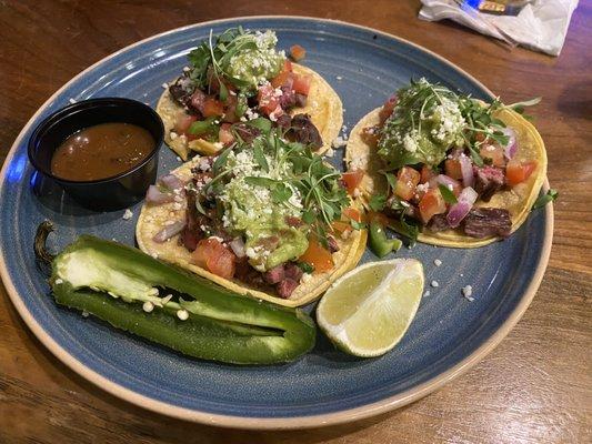 Steak street tacos. Delish. The guacamole was on point (to us).  Again, that jalapeño was HOT!