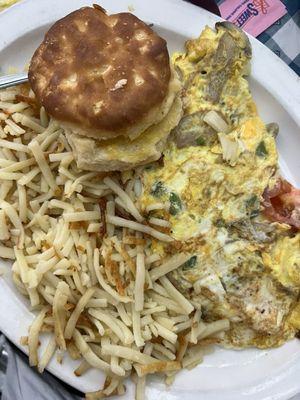 Veggie Omelette with Hashbrowns and Biscuit