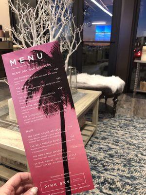 The menu at Pink Sky Blowdry + Beauty Bar