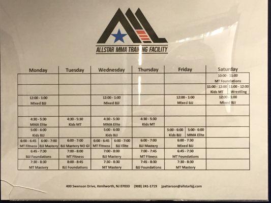 Class schedule as of Feb, 2018. Call ahead for daytime/ weekend classes to confirm, but all the evening classes are set and consistent