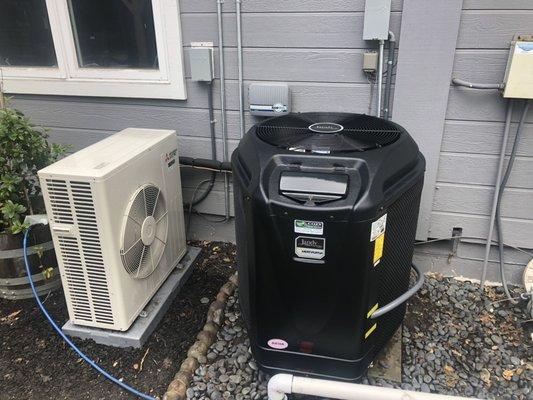 Heat pump pool heater with Mitsubishi inverter heat pump part of an electrification project