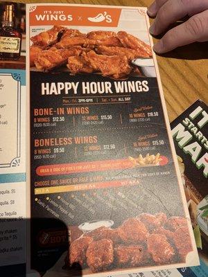 Don't be fooled by the happy hour wings. It is only .50 cents off the entire order.Price is 18.50. Non Happy hour is 18.99