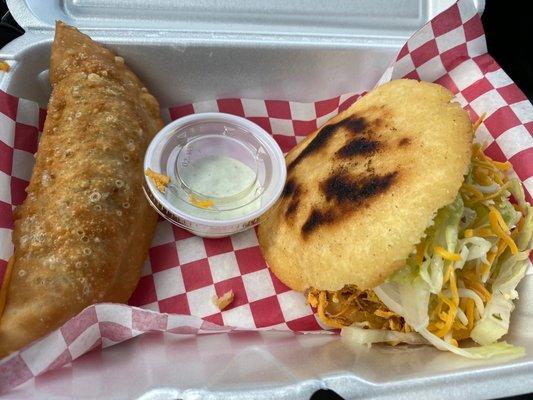 Ground Beef Empanadas and Shredded Chicken Arepa