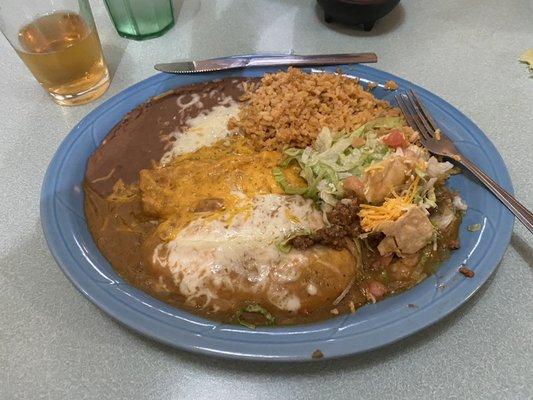 Rice beans Chile rellano and enchilada.