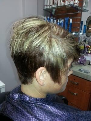 Edgy cut with deep, rich brown contrasting with light blonde