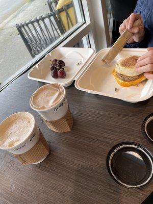 SF Caramel Latte, Orange Chocolate Mocha, Sausage sandwich