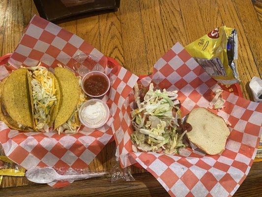 Bacon burger and tacos.