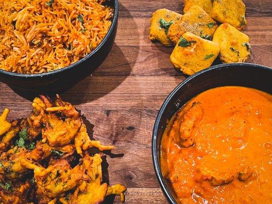 Shrimp biryani, paneer pakora, vegetable pakora, chicken coconut curry