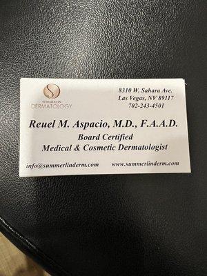 Summerlin Dermatology business card