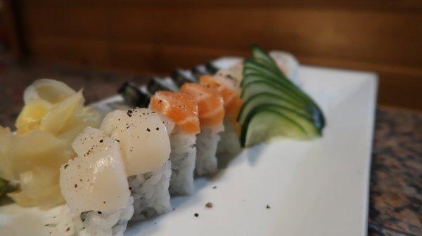 Scallop and salmon, with black pepper.