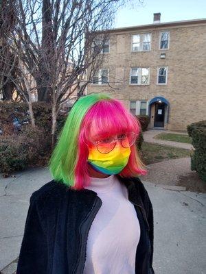 Outside her hair looks even more vibrant.