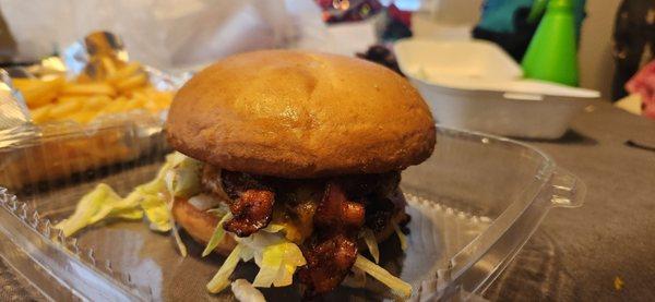 Bacon cheeseburger and fries.