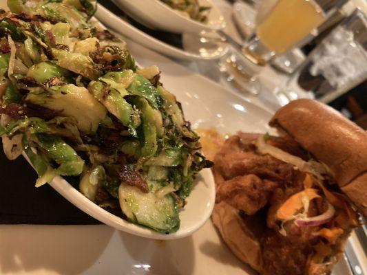 Business Lunch: Nashville hot chicken sandwich with side of Brussels sprouts