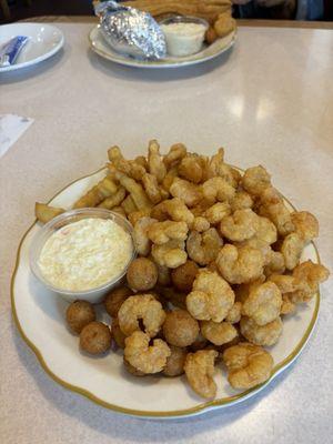 Popcorn shrimp and french fries