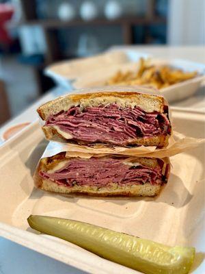 "The Boss" on sourdough, added sauerkraut, and grilled. Just amazing! Their French Fries are the best!