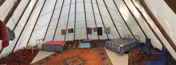 Inside the big tipi. Two queen beds and room for plenty more!