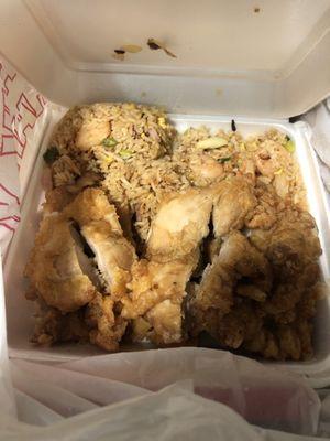 What's in this photo is nothing I ordered. First of all I clearly said chicken fried rice and they gave her still shrimp. No sesame