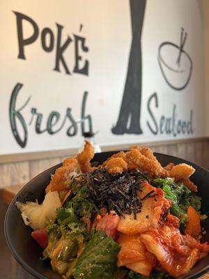 My poke bowl- 3 protein: salmon, tuna, shrimp tempura. Customized add your own toppings into the mix!