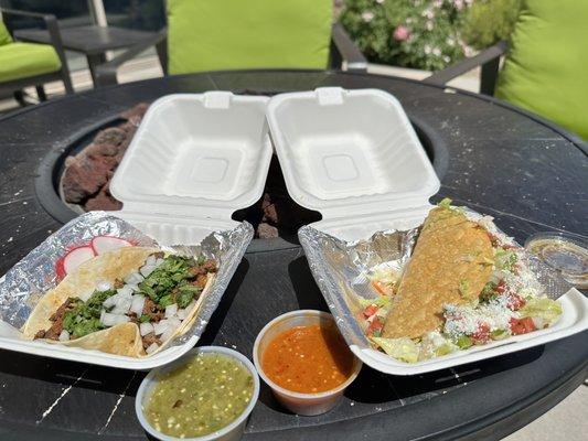 Campachanos and Beef Taco with Salsa Verde and Salsa Roja.