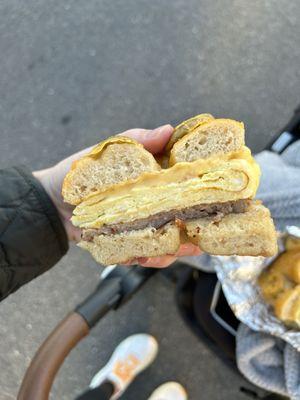 Sausage, egg, and cheese on a cheddar jalapeño bagel