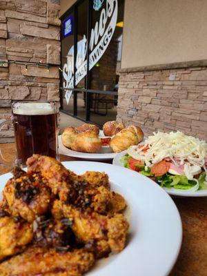 Sheris Famous Wings, Garlic Knots, Antipasto Salad - and a Beer:)