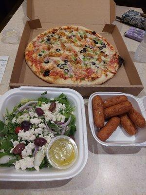 Greek salad, cheese sticks (tasty- but no 'stretch')& chicken Supreme 14" pizza  11-20-22