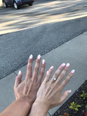 Maid of Honor's nails on the left, mine on the right. Super pleased with our wedding nails!!! Thank you!