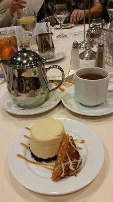 Chocolate peanut butter pie and a cookie plus hot tea.