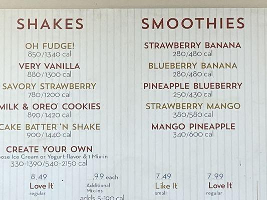 Shakes & smoothies menu