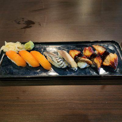 Salmon, mackerel, and eel sushi (ayce)