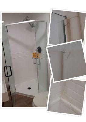 Custom shower stall damaged during the installation process, repaired and refinished in a white gloss finish.