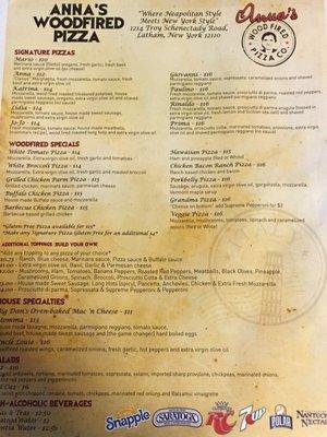 Anna's Wood Fired Pizza Co. menu