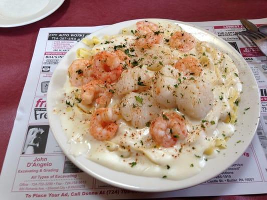 Fettuccine Alfredo with shrimp & scallops.