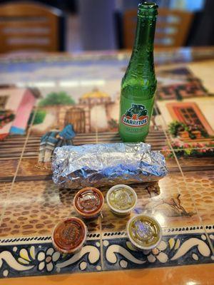 Chicken Combination Burrito with Red & Green Salsa, Chips, & a Jarritos Grapefruit Soda!!!